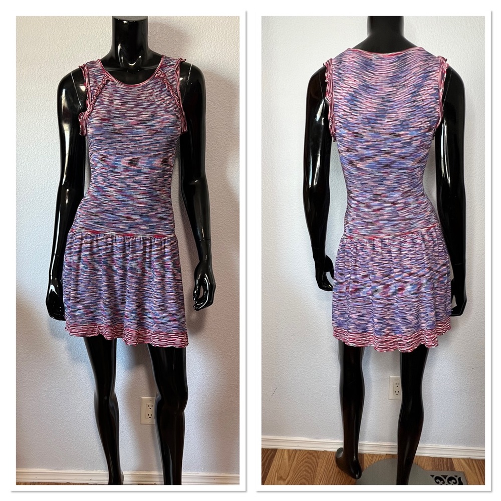 Maje Space Dye Knit Fitted Ruffled Trim Drop Waist Mandala Dress Sz EU 1/ US S